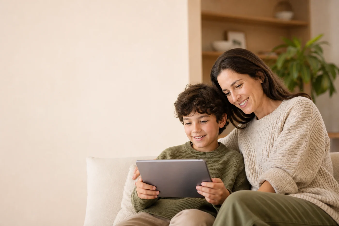 A parent and child using a tablet